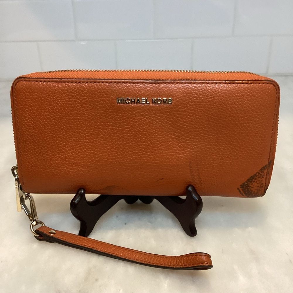 Michael Kors Wallet Leather Jet Set Full Zip Continental Pebbled Orange Wristlet